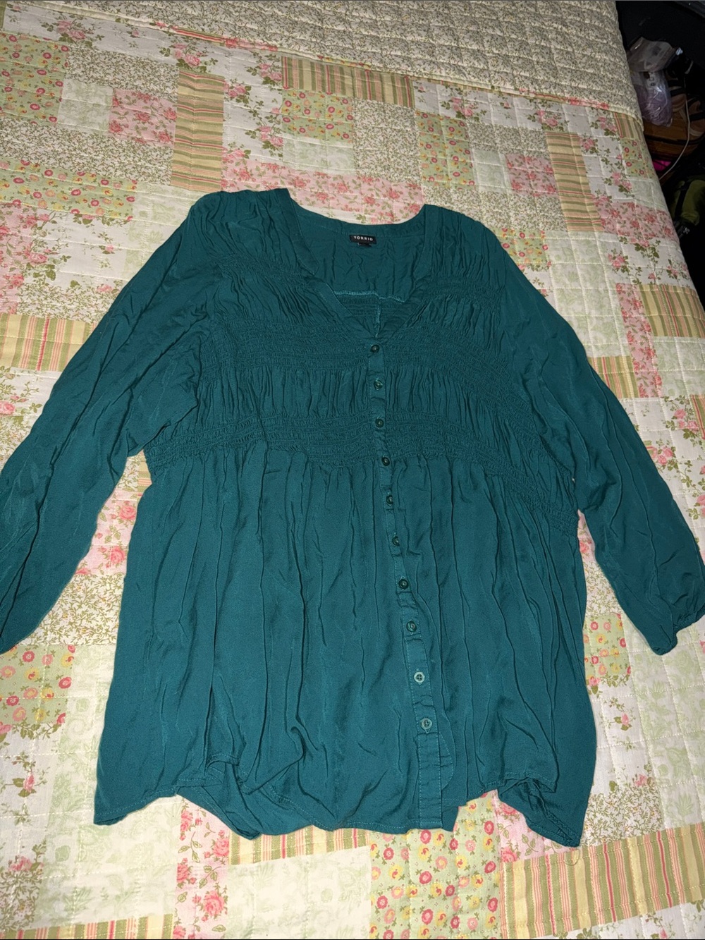 torrid Teal Button-Front Smocked Blouse